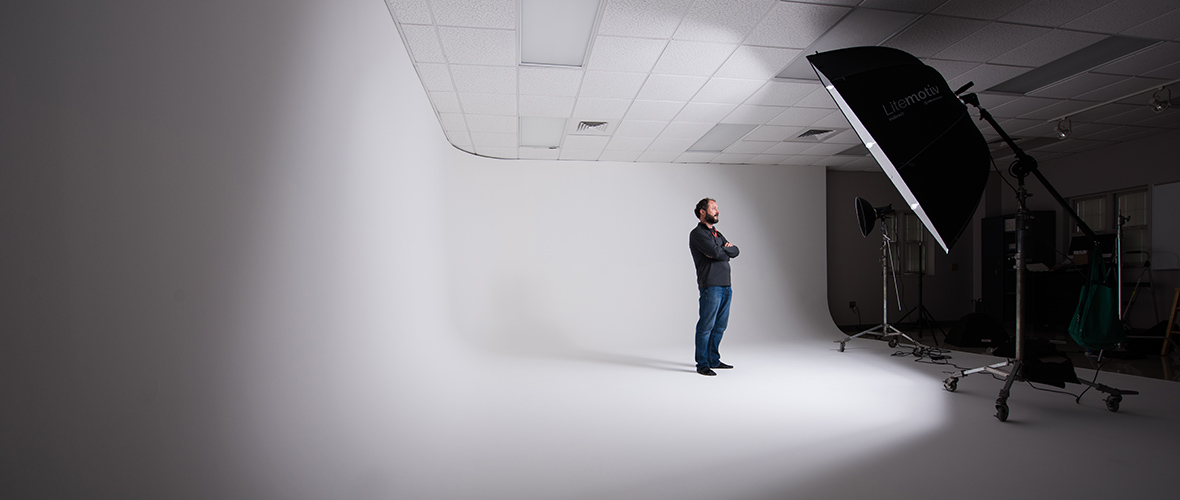 Wide angle photo of lighting studio